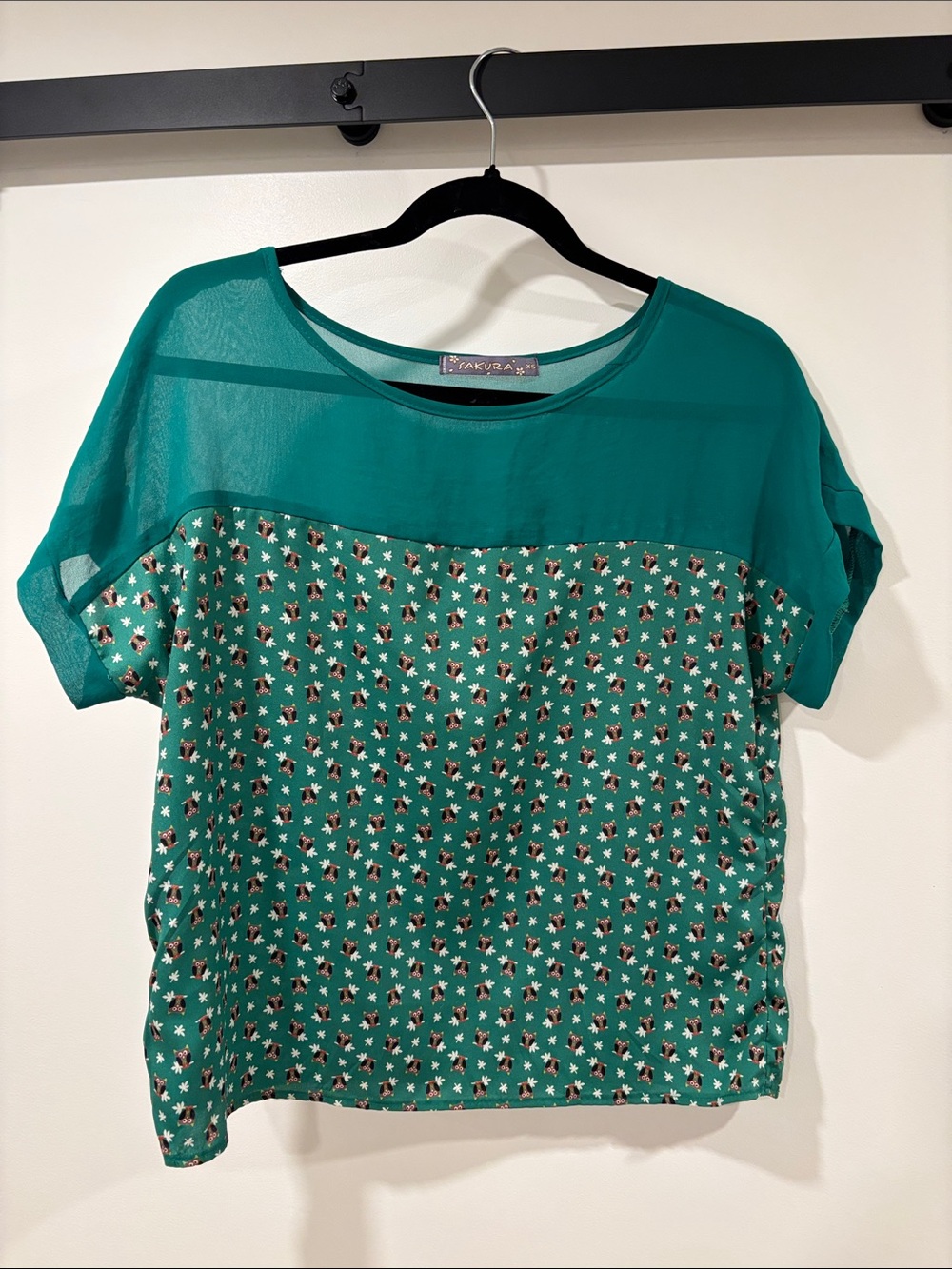 Green Owl Printed Short-Sleeve Blouse